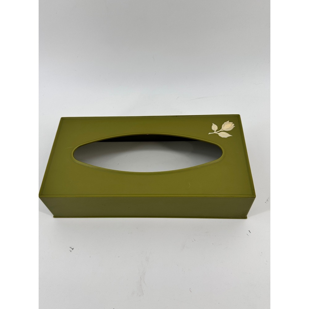 Vintage Olive Green Tissue Box Cover with Floral‎ Accent Retro Decor